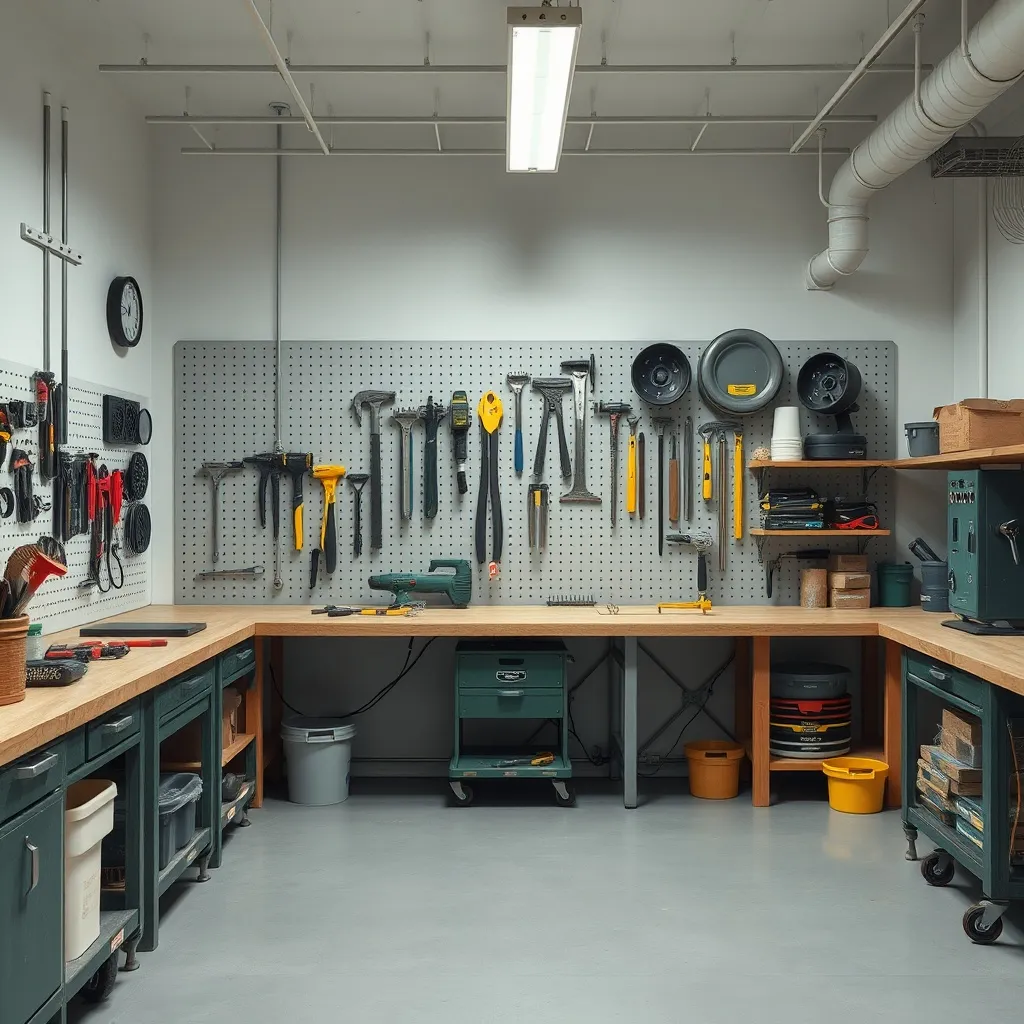 A minimalist industrial workspace with shared tools on a peg
