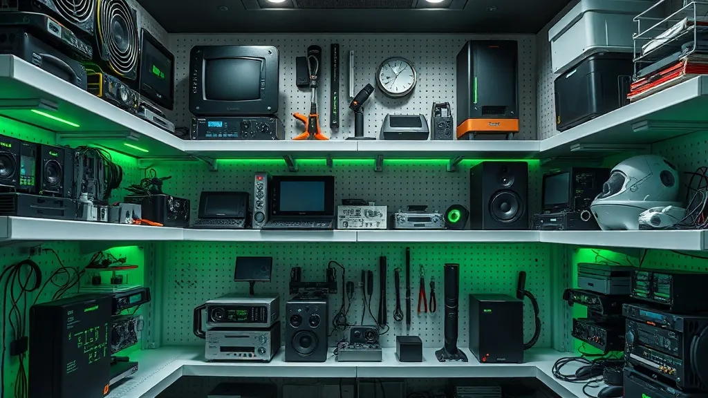 A high-tech organized shelf with technical tools and electro